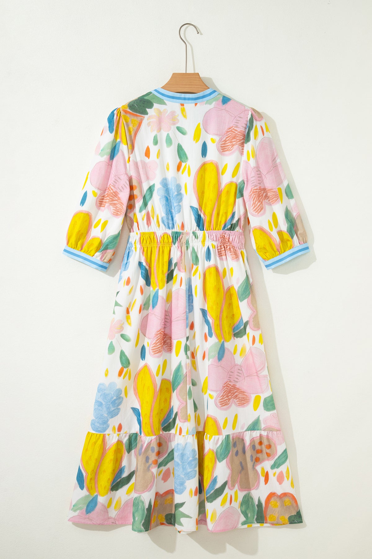 Multicolour Floral Doodle Print Striped Trim V Neck Midi Dress