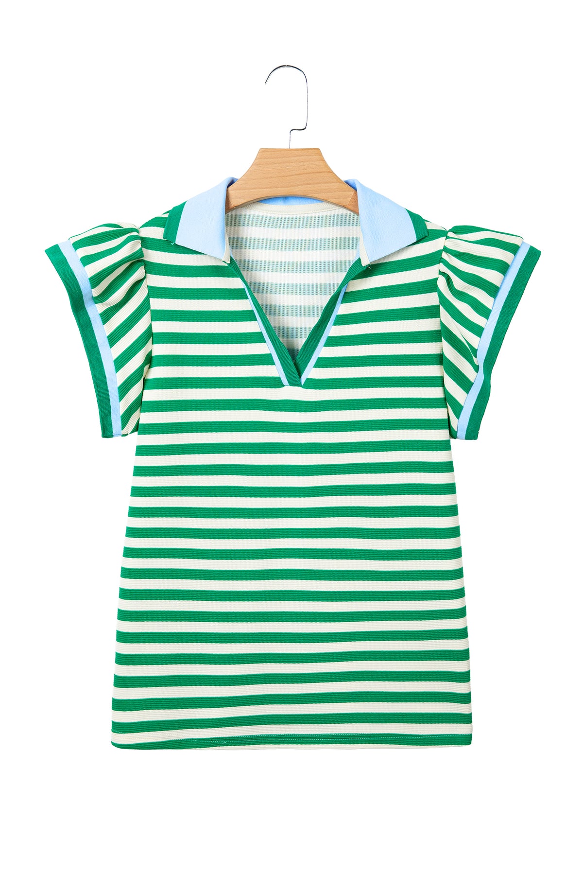 Blue Stripe Contrast Trim Polo Collar Ruffled Short Sleeve Blouse