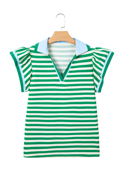 Blue Stripe Contrast Trim Polo Collar Ruffled Short Sleeve Blouse