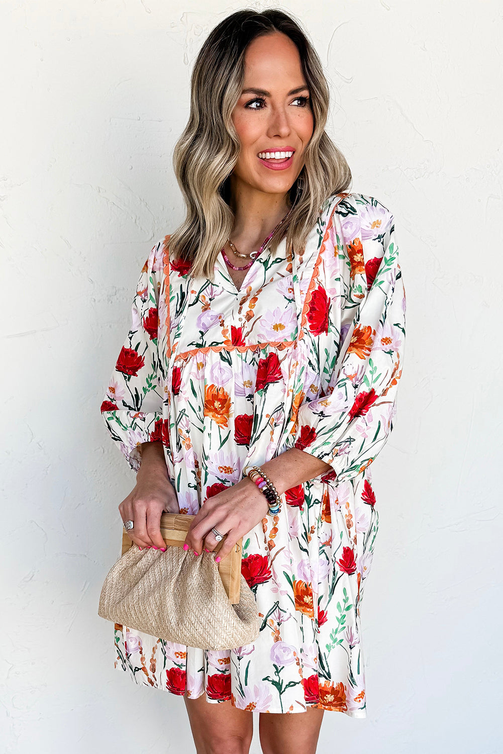 Beige Floral Print 3/4 Puff Sleeve Ricrac Trim Mini Dress