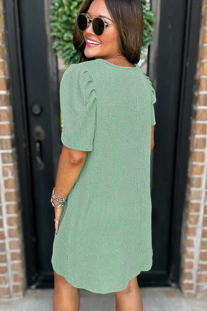 Parchment Corded Knit Crew Neck Puff Sleeve Shift Mini Dress