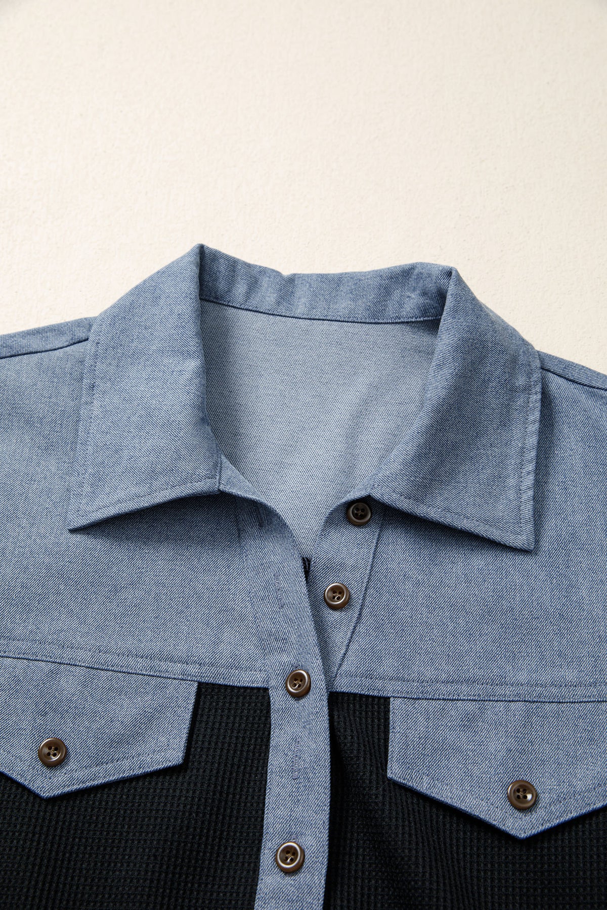 Black Waffle Knit Denim Color Block Patchwork Button Flap Polo Top