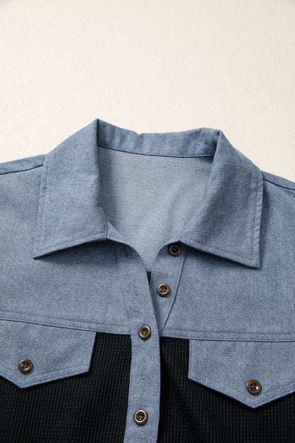 Black Waffle Knit Denim Color Block Patchwork Button Flap Polo Top