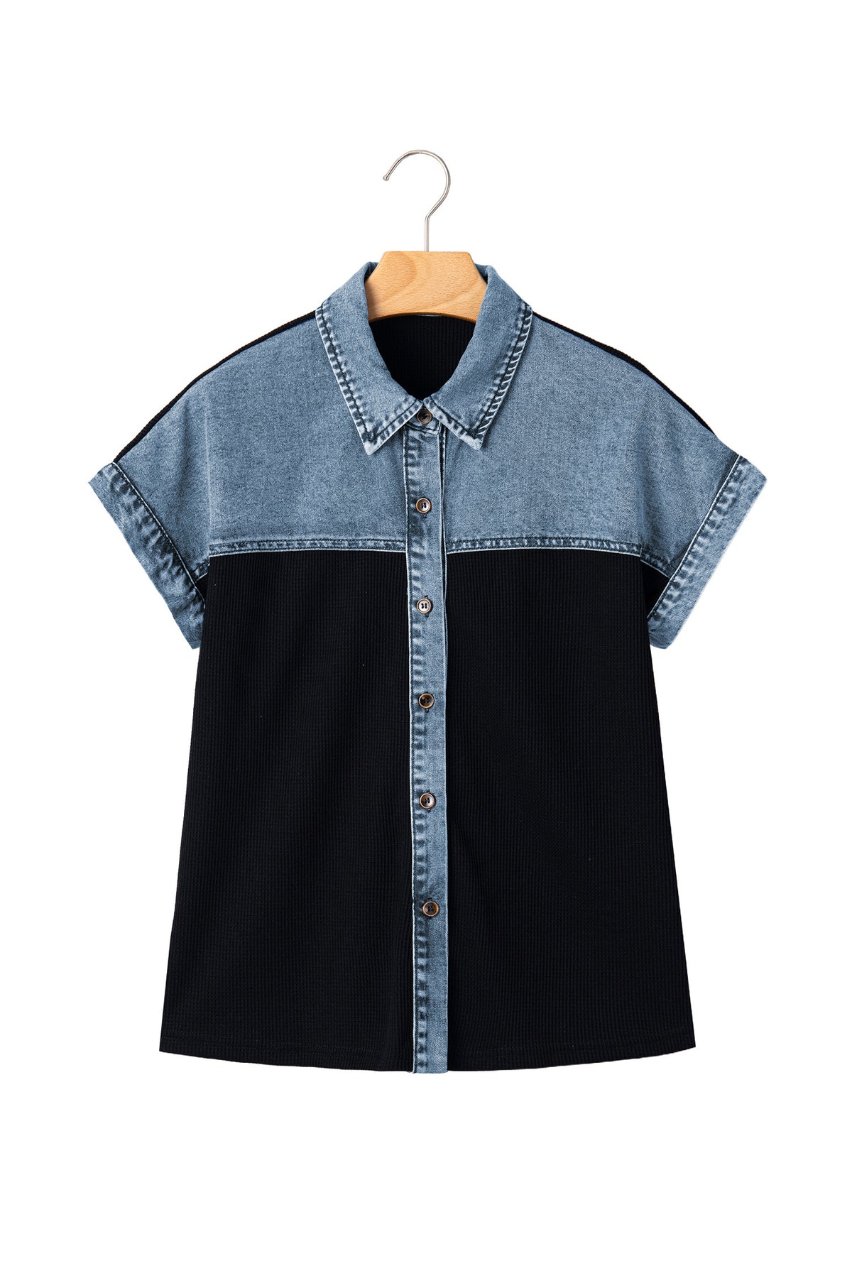 Black Textured Knit Denim Color Block Patchwork Collar Button Down Shirt