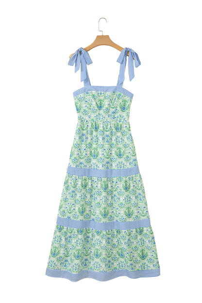 Pink Geometric Floral Print Striped Patchwork Detail Sleeveless Dress