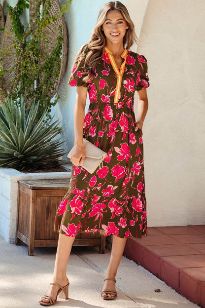 Green Floral Print Striped Trim Split Neck Short Puff Sleeve Ruffle Hem Maxi Dress