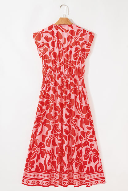 Red Boho Floral Short Sleeve V Neck Buttoned Shirred Waist Long Dress