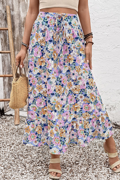 Pink Floral Print Lace-up High Waist Ruffle Hem Maxi Skirt