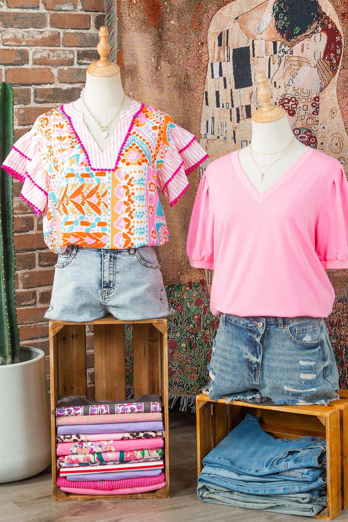 Rose Boho Mixed Print Contrast Trim Striped Patchwork Tiered Short Sleeve Blouse