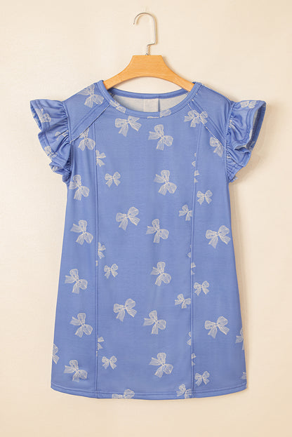 Sky Blue Bow Knot Print Crewneck Ruffled Sleeve Shift Mini Dress