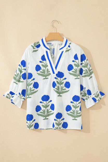 Sky Blue Casual Wild Flower Print V Neck 3/4 Sleeve Blouse