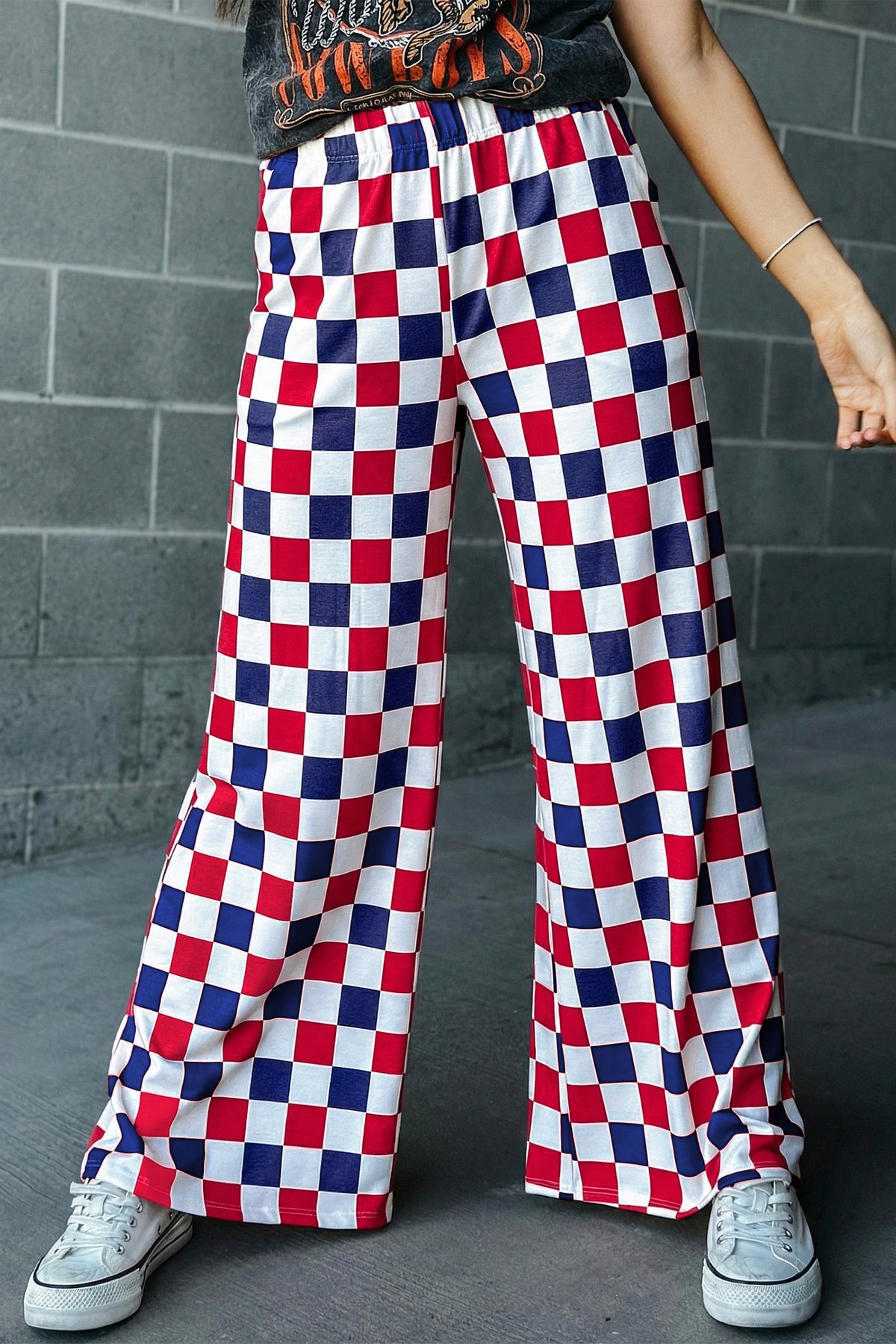 Black 2-Tone Checked Print High Waist Wide Leg Pants