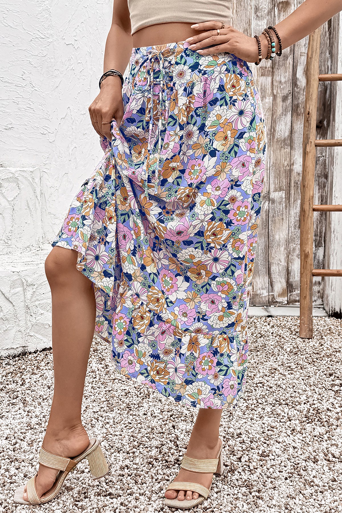 Pink Floral Print Lace-up High Waist Ruffle Hem Maxi Skirt