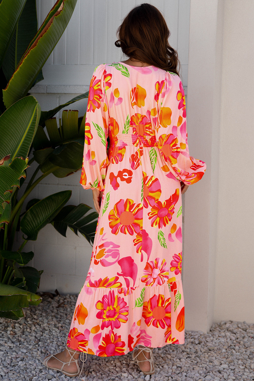 Beige Floral Print Smocked Detail V Neck Puff Sleeve Flowy Maxi Dress
