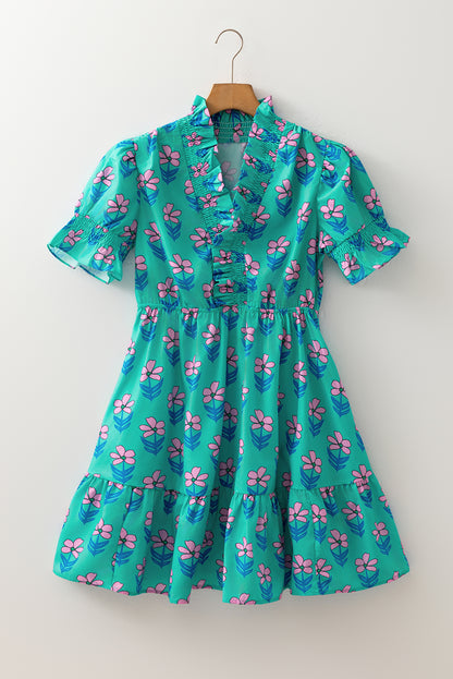 Green Floral Print Frilly Smocked Detail High Waist Mini Dress