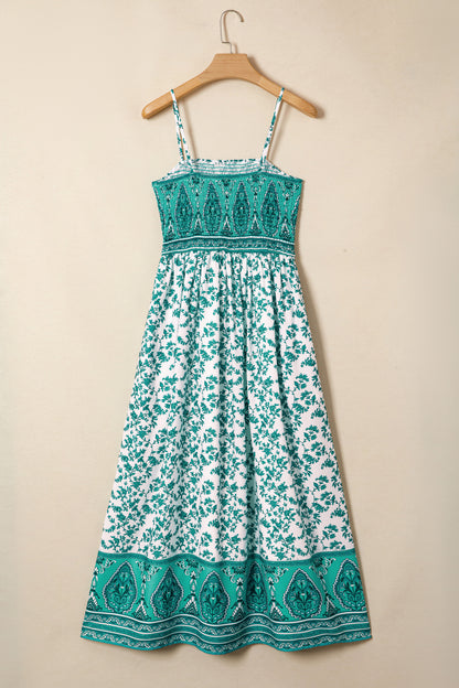 Green Boho Floral Print Shirred Cami Maxi Dress