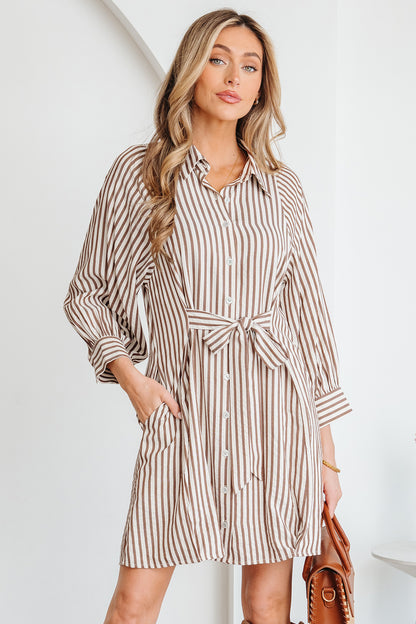 Brown Stripe Knot Waist Puff Sleeve Button Down Mini Shirt Dress