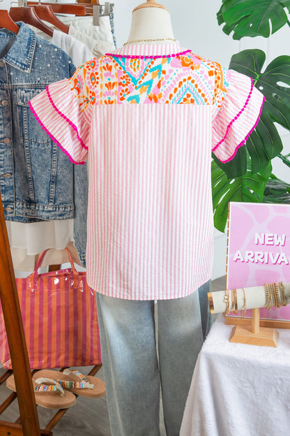 Rose Boho Mixed Print Contrast Trim Striped Patchwork Tiered Short Sleeve Blouse