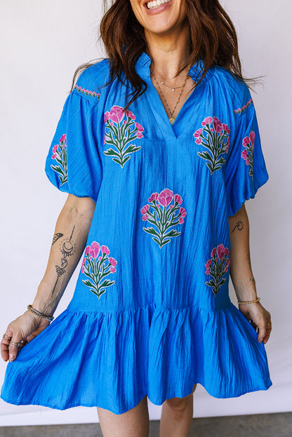 Blue Flower Embroidered Split Neck Short Puff Sleeve Ruffle Hem Dress