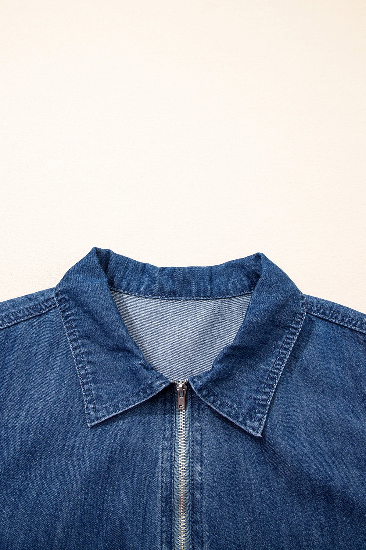 Blue Zip up Collared Short Sleeve Shift Mini Denim Dress