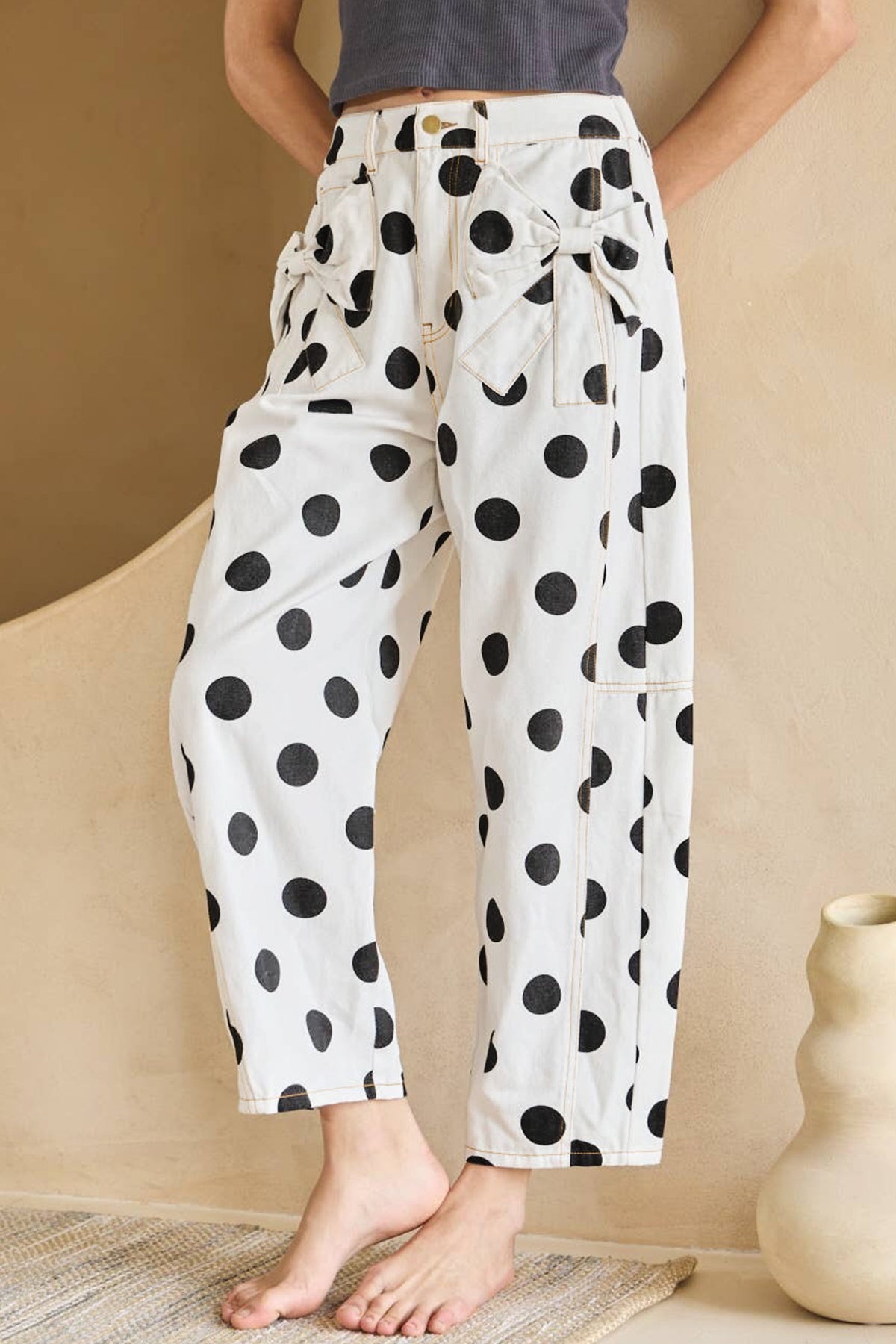 Sky Blue Polka Dot Print Bow Detail Pocketed Jeans