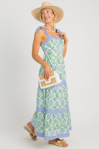 Pink Geometric Floral Print Striped Patchwork Detail Sleeveless Dress