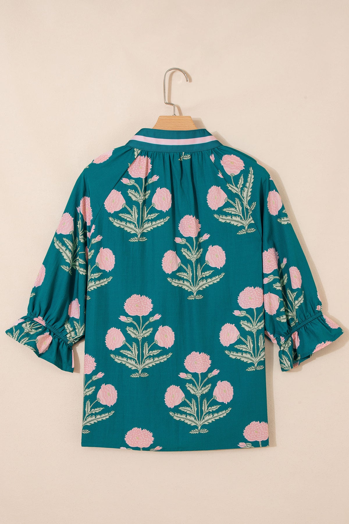 Sky Blue Casual Wild Flower Print V Neck 3/4 Sleeve Blouse