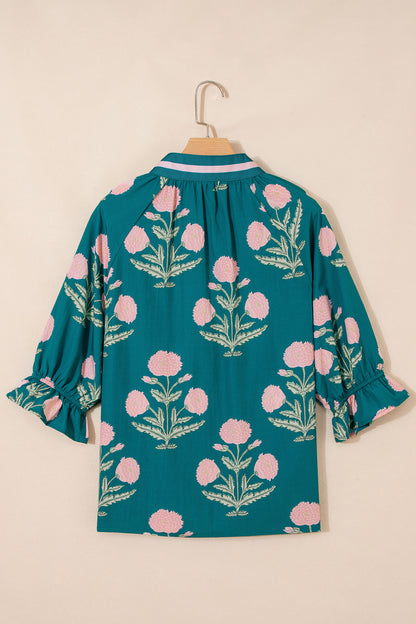Sky Blue Casual Wild Flower Print V Neck 3/4 Sleeve Blouse