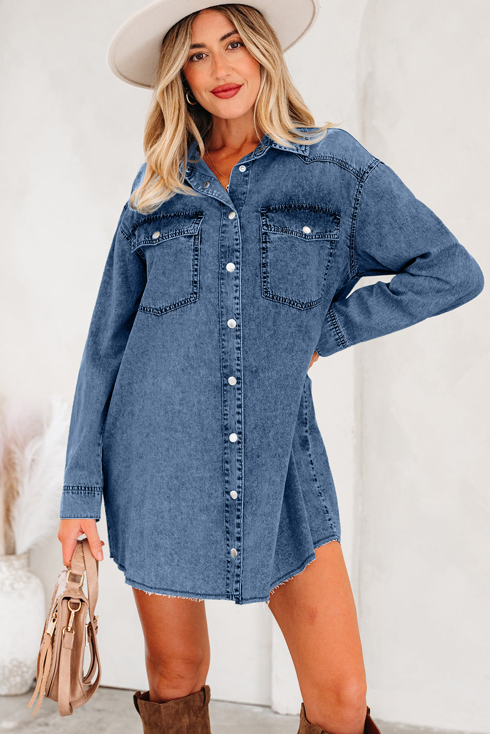 Medium Grey Beau Chest Pocket Raw Hem Denim Loose Shirt Dress