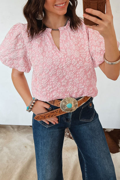 Iceland Blue Floral Textured Jacquard Puff Sleeve Blouse