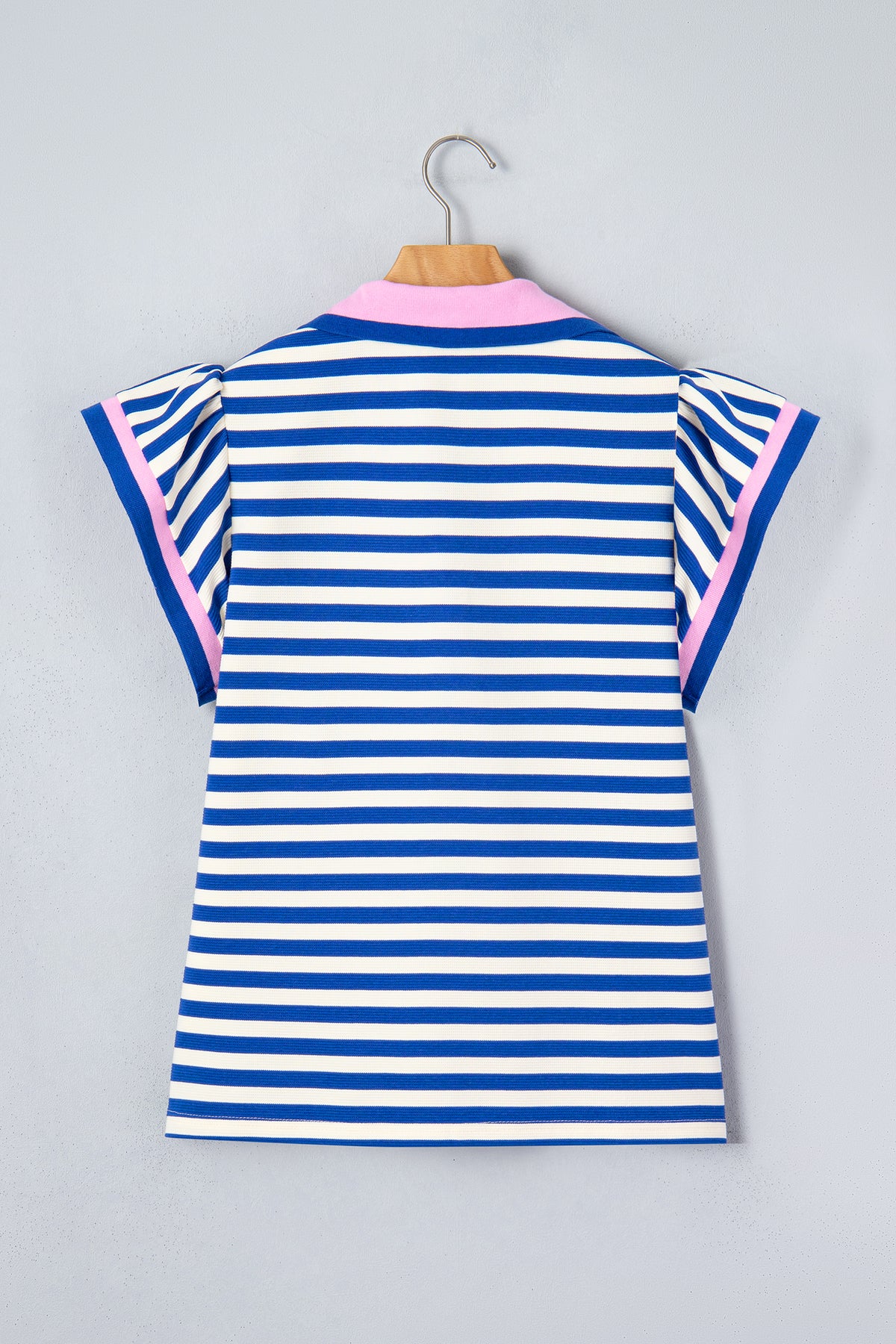 Blue Stripe Contrast Trim Polo Collar Ruffled Short Sleeve Blouse