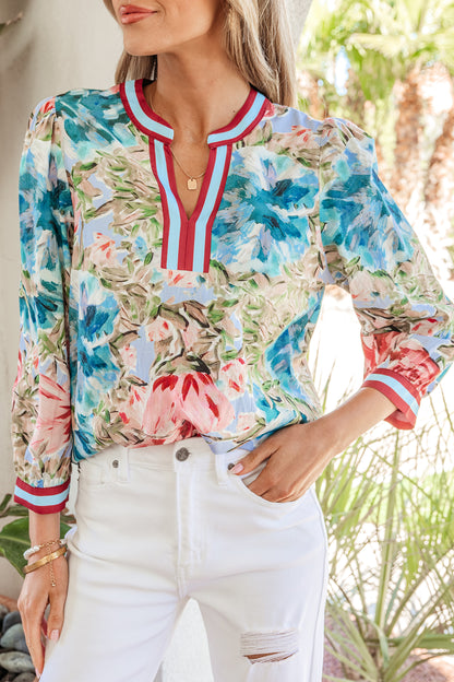 Sky Blue Contrast Trim V Neck Cuffed Bracelet Sleeve Floral Blouse