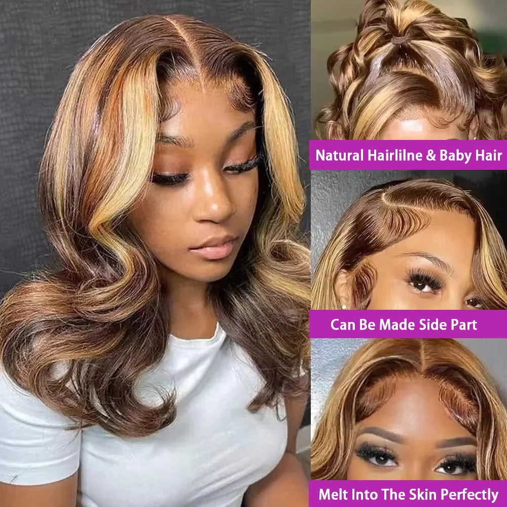 Highlight Body Wave Bob Wig Human Hair 13X4 Lace Front Human Hair Wigs For Women Honey Blonde HD Transparent Lace Frontal Wig