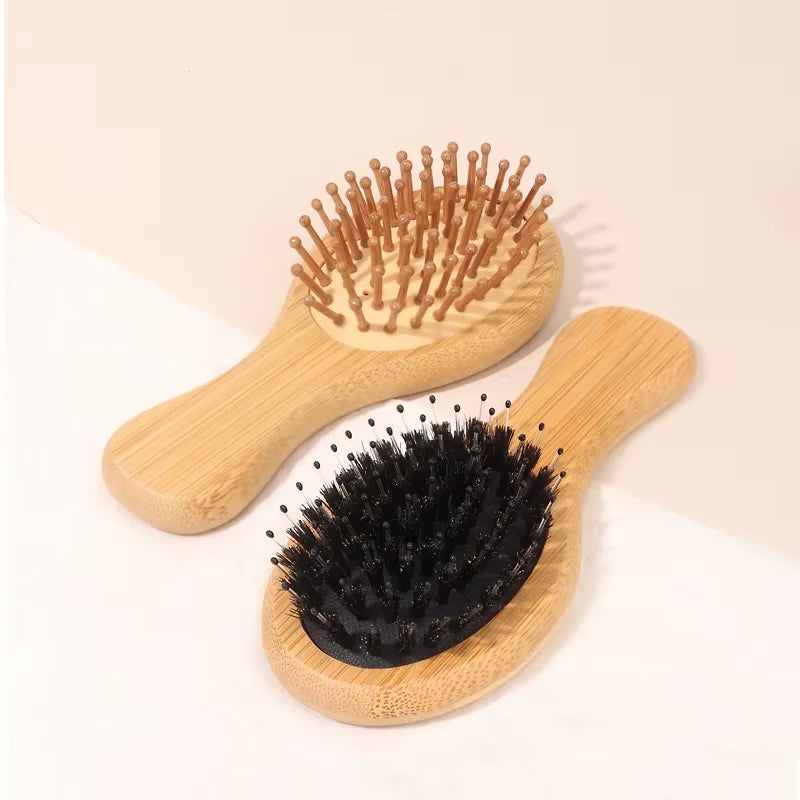 1/2 Pieces Mini Bamboo/Wooden Air Cushion Hair Brush Set - Portable Travel Hair Brush