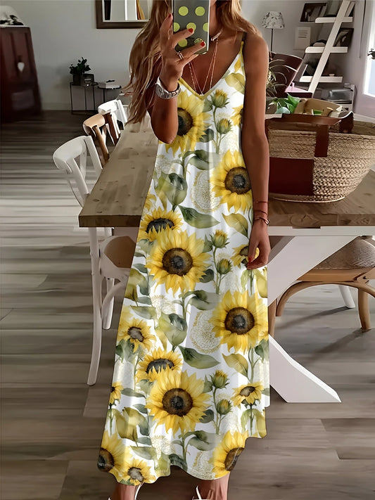 Printed Design Sunflower Pattern Print Dress Design Four Seasons elegant style casual style sling dress