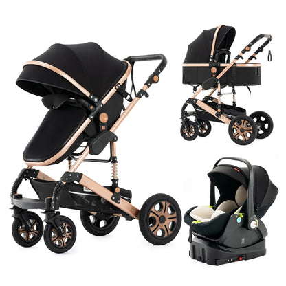 Baby Stroller Combo Car Seat - Infant Pushchair with Carry Cot Foldable Reversible Pram,Travel System with Isofix Base Upto 5lbs