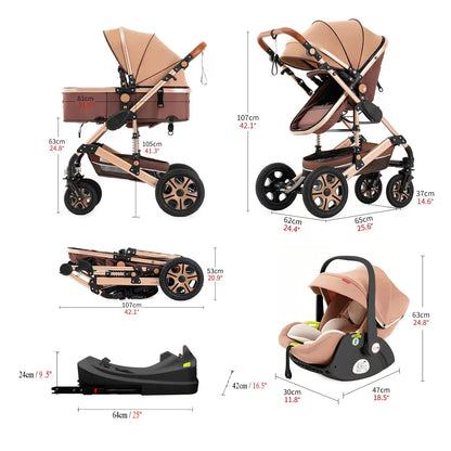 Baby Stroller Combo Car Seat - Infant Pushchair with Carry Cot Foldable Reversible Pram,Travel System with Isofix Base Upto 5lbs
