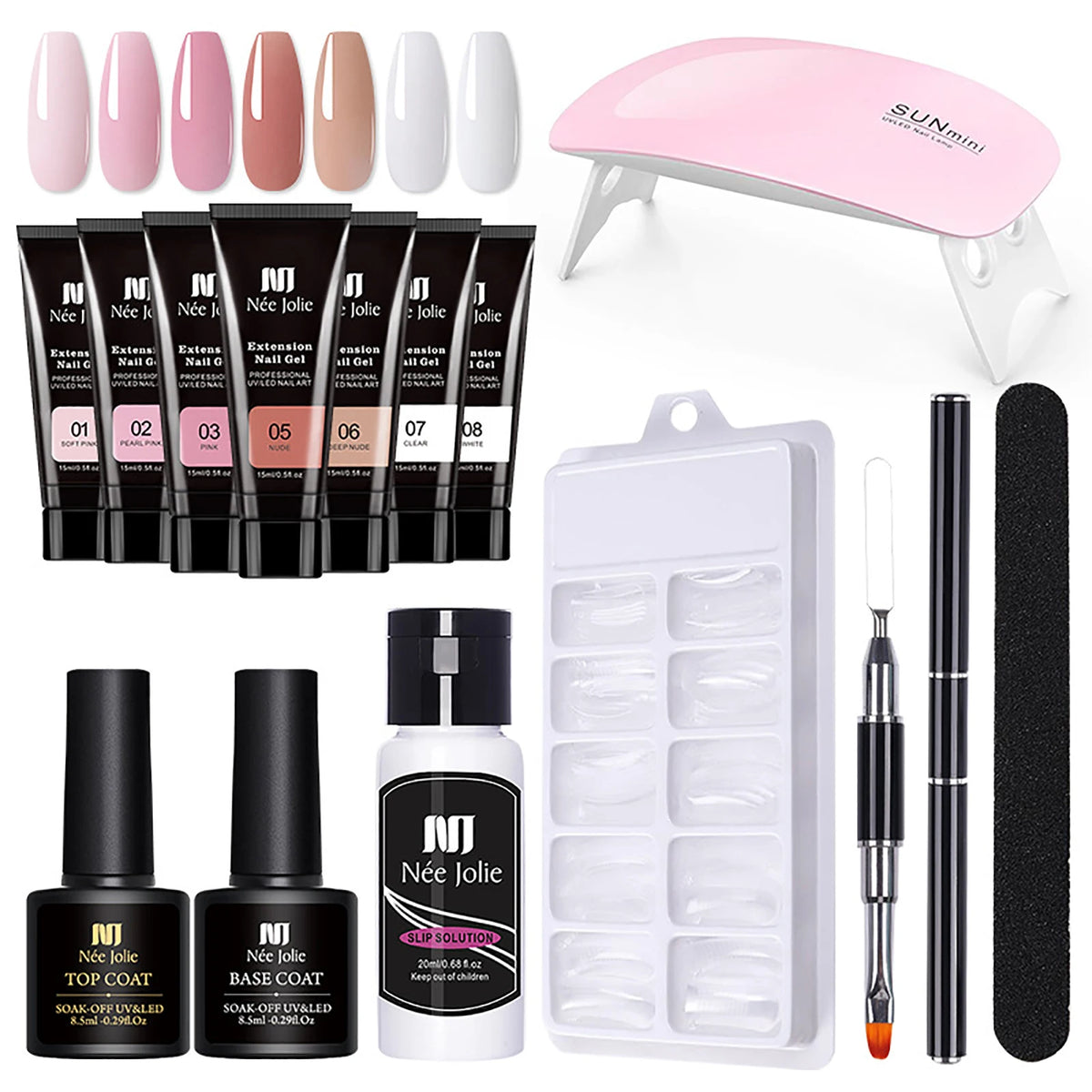 120ml 8pcs UV Nail Gel Extension Nail Kit Manicure Gel Set With Nail File,brush,cleaner,Base Glue,Sealing Layer,Mini Lamp)