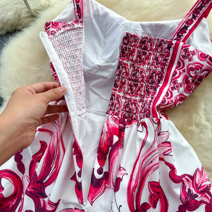 Women's V-Neck Red Blue and White Print Spaghetti Strap Holiday Maxi Dress Summer Runway Floral Print Vacation Long Robes