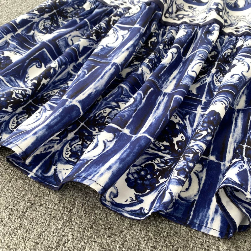 Women's V-Neck Red Blue and White Print Spaghetti Strap Holiday Maxi Dress Summer Runway Floral Print Vacation Long Robes