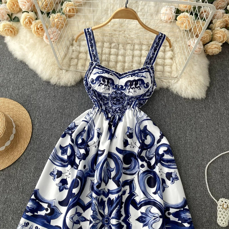 Women's V-Neck Red Blue and White Print Spaghetti Strap Holiday Maxi Dress Summer Runway Floral Print Vacation Long Robes