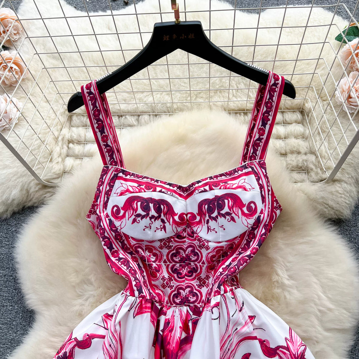 Women's V-Neck Red Blue and White Print Spaghetti Strap Holiday Maxi Dress Summer Runway Floral Print Vacation Long Robes