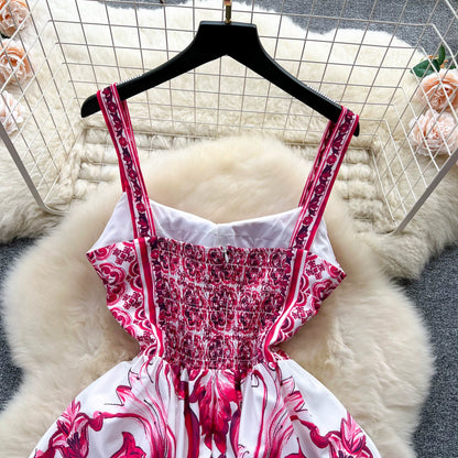 Women's V-Neck Red Blue and White Print Spaghetti Strap Holiday Maxi Dress Summer Runway Floral Print Vacation Long Robes