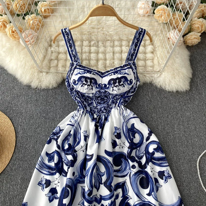 Women's V-Neck Red Blue and White Print Spaghetti Strap Holiday Maxi Dress Summer Runway Floral Print Vacation Long Robes