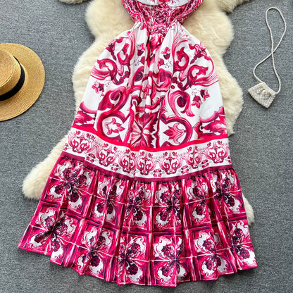 Women's V-Neck Red Blue and White Print Spaghetti Strap Holiday Maxi Dress Summer Runway Floral Print Vacation Long Robes