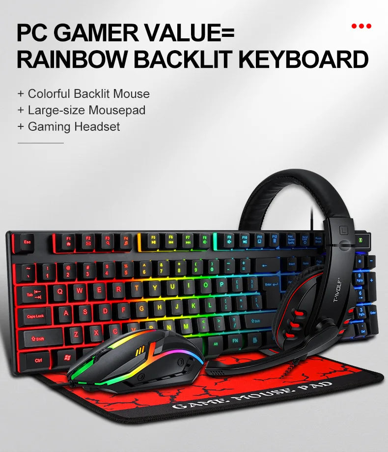 T-WOLF 4-in-1 Ultimate Gaming Combo: RGB Keyboard, Mouse, Headset & Pad