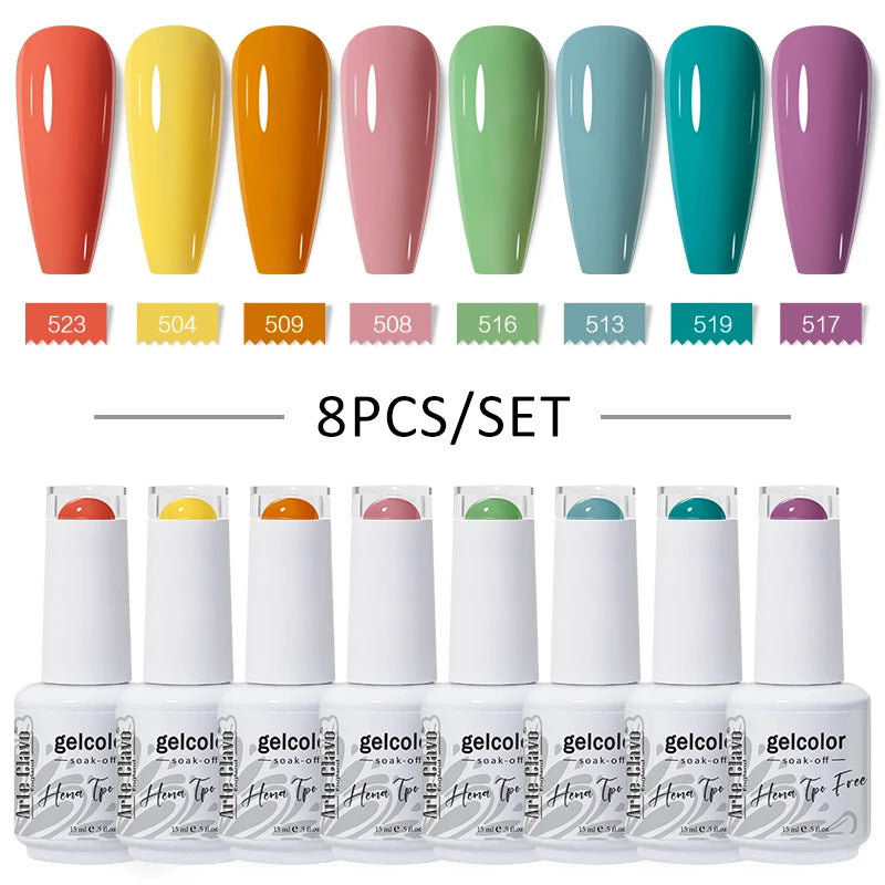 Arte Clavo 8Pcs/Set Gel Nail Polish Set 15ml Colorful Semi Permanent For Manicure Varnish Soak Off UV LED Nail Art Gel Kits
