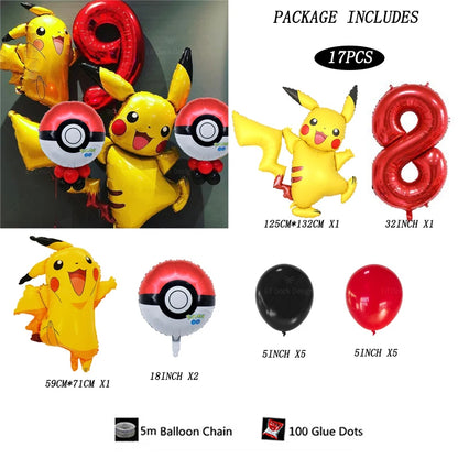 17pcs Pokemon Pikachu Theme Suit Balloon 40inch Red Number 1-9Foil Balls Children Birthday Party Decora Supplies Baby Shower
