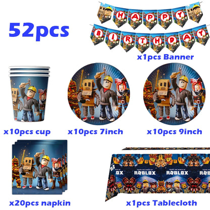 Roblox Theme Party Supplies Birthday Decorations Tableware Paper Cups Balloon Tablecloth Gift Bag Banner Cake Topper Baby Shower