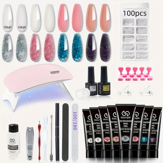 Poly Gel Nail Kit 8 Colors with Nail Lamp Extension Gel Kit Nude Clear Pink Black Glitter Complete Starter Tools for Beginner